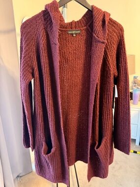 Atmosphere Maroon Hooded Open-Front Knit Cardigan